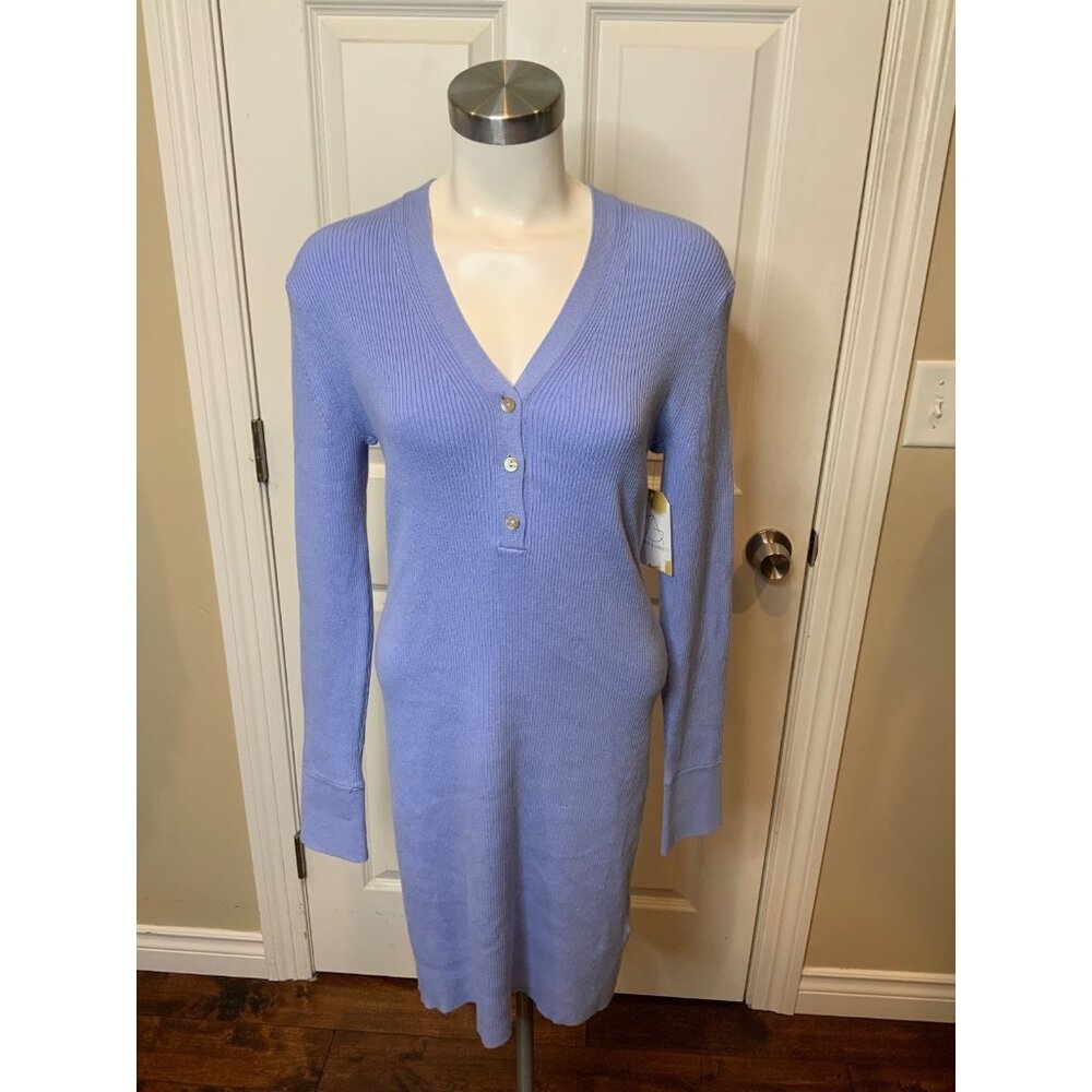 Samsoe Samsoe Blue Rib Knit Henley Long Sleeve Everly Dress, Size XL